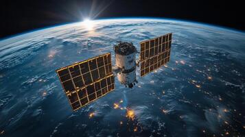 A satellite orbits Earth, capturing data and transmitting telemetry while the sun rises above the horizon, highlighting cosmic exploration and technology. photo