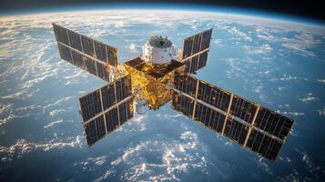 A sophisticated satellite orbits Earth, equipped with solar panels and instruments for telemetry and astrophysics. This spacecraft gathers vital cosmic radiation data and conducts experiments. photo