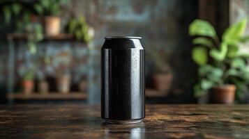 A sleek black soda can stands prominently on a weathered wooden table. The background features lush indoor plants, creating a relaxed and inviting atmosphere. photo