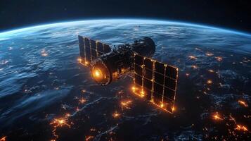 A sophisticated satellite orbits Earth, equipped with solar panels, transmitting important telemetry and gathering data on cosmic radiation while observing the planet's atmosphere. photo