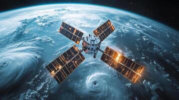 A satellite orbits Earth, capturing vital telemetry about cosmic radiation and atmospheric phenomena. Two hurricanes swirl below, showcasing the planet's dynamic weather patterns. photo