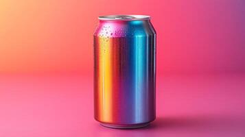 A soda can designed with a striking gradient of colors stands upright on a surface. The background features lively pink and orange hues, enhancing the cans vibrant appearance. photo