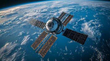 A satellite equipped with solar panels is transmitting telemetry data as it orbits Earth, monitoring cosmic radiation and atmosphere conditions. photo