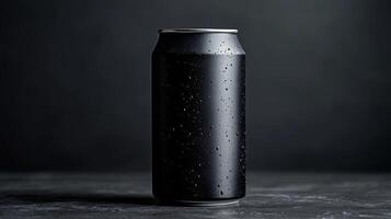 A sleek black can sits alone on a dark textured surface, glistening with water droplets. The low light creates an elegant and moody atmosphere, enhancing the can's appearance. photo