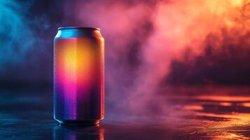 A cold can sits on a reflective surface, showcasing vibrant colors under dynamic lighting. Mist surrounds it, enhancing the atmosphere of a lively evening setting. photo