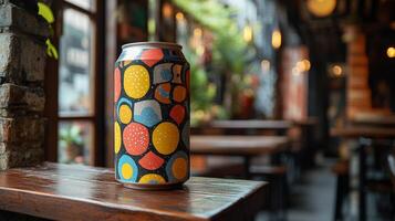 A beverage can featuring vibrant patterns stands on a rustic wooden table. The cozy cafe setting has soft lighting and greenery, creating an inviting atmosphere. photo