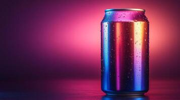 A sleek beverage can stands on a reflective surface, covered in droplets of moisture. It is illuminated by vibrant purple and pink lights, creating a striking visual effect. photo
