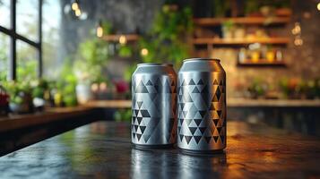 Two beverage cans featuring a geometric pattern rest on a dark wooden table. The background showcases lush greenery within a cozy cafe environment, illuminated by soft afternoon light. photo