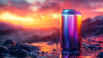 A metallic can stands prominently on wet rocks at the shoreline, reflecting vibrant colors of the sunset. The ocean waves gently lap against the stones as dusk settles in. photo