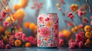A decorated soda can stands proudly among a variety of colorful flowers, showcasing a blend of artistic design and nature, illuminated by soft afternoon lighting. photo