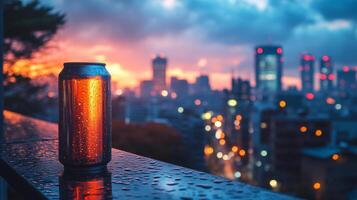 A beer can sits on a wet railing, illuminated by a vibrant sunset. The city skyline features modern buildings and glowing lights against a dramatic sky in the background. photo