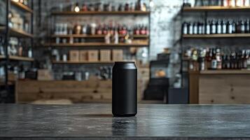 A black can is centrally placed on a rustic table, surrounded by a modern bar atmosphere filled with shelves of assorted drinks and bottles, creating an inviting setting. photo
