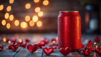 A vibrant red soda can sits among small, glossy red hearts placed on a rustic wooden surface. Soft warm lights twinkle in the background, creating a festive, romantic mood. photo