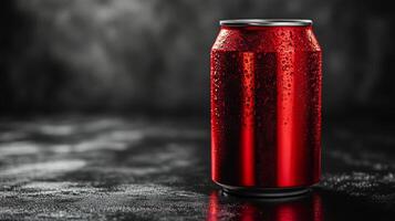 A cool red can of sparkling drink sits on a slick surface, glistening with condensation. The droplets enhance its refreshing appearance, inviting curiosity and thirst. photo