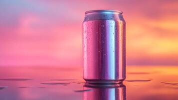 A metal can stands on a wet surface, displaying vibrant sunset colors in the background. Water droplets add texture as evening settles in, perfect for a relaxed mood. photo