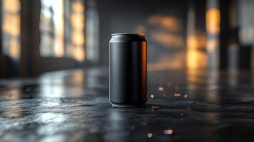 A black beverage can stands upright on a shiny surface. Warm golden light filters through large windows, creating a cozy atmosphere in the spacious room. photo