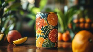 A colorful can adorned with citrus fruit designs stands on a wooden table amidst fresh oranges, lemons, and limes, highlighting a vibrant and tropical atmosphere. photo