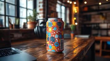 A vibrant, patterned beverage can is set on a rustic wooden table next to a laptop in a cozy cafe. Soft lights create a welcoming atmosphere, perfect for relaxation or focus. photo