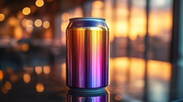 A vibrant beverage can displays a gradient of colors, resting on a glossy surface. The warm hues of the sunset enhance the scene while creating a soft bokeh effect. photo