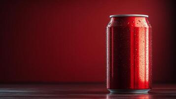 A red aluminum can sits on a sleek surface, glistening with moisture from condensation. Ambient light creates a warm atmosphere, perfect for a refreshing drink. photo