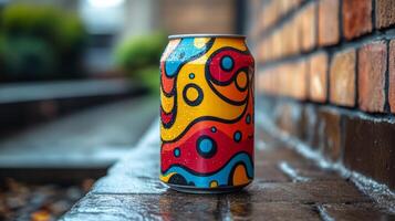 A vibrant beverage can is placed on a wet stone surface, adorned with swirling patterns. Lush greenery is visible in the background, hinting at an urban environment. photo