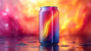 A colorful can is positioned on a wet surface, enhancing the vibrant colors in the background during twilight hours, creating an eye-catching atmosphere. photo