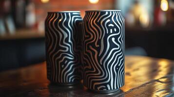 Two visually striking cans with wavy patterns sit side by side on a rustic wooden table. The warm lighting of the bar creates a relaxed atmosphere, perfect for enjoying drinks. photo