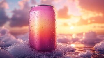 A pink soda can stands out against a colorful sunset at the beach, surrounded by sparkling foam from gentle waves, inviting relaxation at dusk. photo