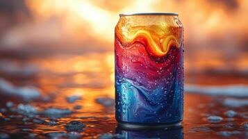 A vibrant beverage can displays swirling colors of orange, red, and blue, glistening on wet sand as waves lap gently at sunset, creating a festive atmosphere. photo