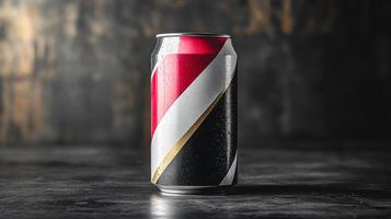 A beverage can with a striking red, white, black, and gold design rests on a textured dark wood table. Condensation droplets create an appealing visual against the background. photo