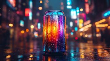 A vibrant soda can stands on a wet pavement reflecting colorful neon lights from surrounding buildings in a bustling city at night. Raindrops adorn its surface, enhancing the vivid hues. photo
