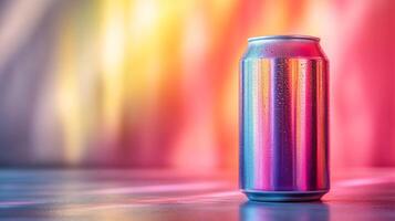 A metallic drink can stands prominently on a surface, its surface glistening with condensation. The background features soft, colorful light patterns creating a lively atmosphere. photo