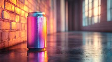 A reflective metallic can stands on the polished floor in an industrial setting, illuminated by warm sunset light streaming through large windows. The vibrant colors create a captivating atmosphere. photo