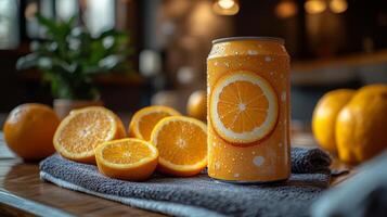 A vibrant can of orange drink sits on a textured towel alongside fresh orange halves and whole oranges. The setting is warm and inviting, perfect for enjoying a refreshing sip. photo