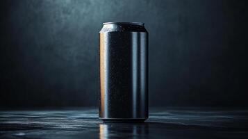 A sleek metallic beverage can stands upright on a textured surface, illuminated softly in a dim setting that creates a dramatic atmosphere. photo