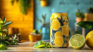 A colorful beverage can featuring a lemon pattern rests on a wooden table. Nearby, fresh lemons and green leaves add a lively touch to the setting, creating an inviting atmosphere. photo