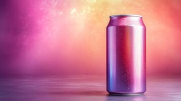 A shiny beverage can stands upright on a textured surface. The can reflects various vibrant colors against a gradient background that creates an artistic atmosphere, enhancing the visual appeal. photo