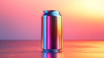 A metallic soda can stands upright on a glossy surface, showcasing a blend of colors as it reflects the warm and cool tones of the surrounding sunset. The backdrop enhances its vivid appearance. photo
