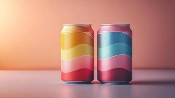 Two soda cans with bright wave patterns sit on a smooth surface, glistening with condensation as soft morning light creates an inviting atmosphere around them. photo