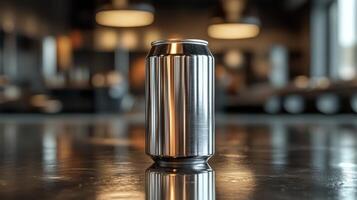 A sleek metal can is positioned on a shiny table surrounded by an inviting atmosphere. Soft, warm light from overhead fixtures creates an appealing ambiance in a contemporary cafe during the evening. photo