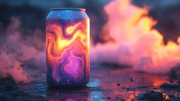 A metallic can with a vibrant cosmic design shines in a surreal outdoor setting. Colorful smoke surrounds it, creating an ethereal atmosphere during twilight. photo