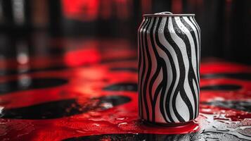 A striking striped beverage can stands upright on a glossy red surface, reflecting the colorful lights and surrounded by water droplets, creating an artistic display. photo