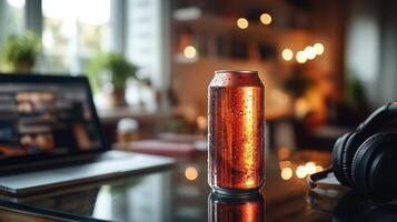 A cold beverage can with condensation rests on a table beside a laptop and headphones, creating a relaxed atmosphere with soft lighting in a cozy room. photo