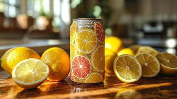 A decorative can rests on a wooden surface with whole lemons and cut lime slices surrounding it. The bright kitchen background is illuminated by natural daylight. photo