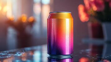 A vibrant, colorful can rests on a shiny table surface reflecting warm light. Soft sunlight enhances the hues, while flowers add a serene ambiance in the background. photo