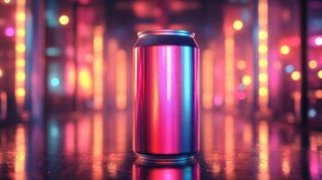 A brightly colored can stands in the center of a nightlife setting, surrounded by glowing lights that create an energetic atmosphere. The vibrant hues reflect off the surfaces, enhancing the scene. photo