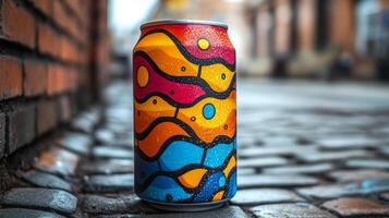 A vividly designed can with swirling patterns of blue, yellow, pink, and orange sits on a cobblestone street. The scene is lively with blurred figures in the background, indicating activity. photo