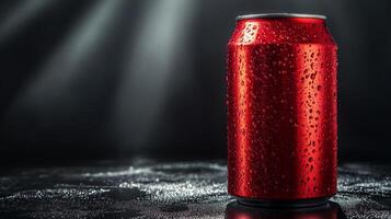 A vibrant red can with droplets of water stands prominently under soft, dramatic lighting, highlighting its refreshing appeal in a dark environment. photo