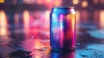 A colorful can sits on a reflective wet surface, adorned with raindrops. Bright city lights create a vibrant atmosphere during the evening after rain. photo