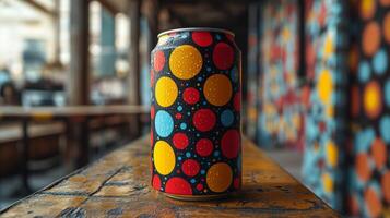 A beverage can featuring a lively polka dot design in red, yellow, and blue is placed on a rustic wooden table. photo